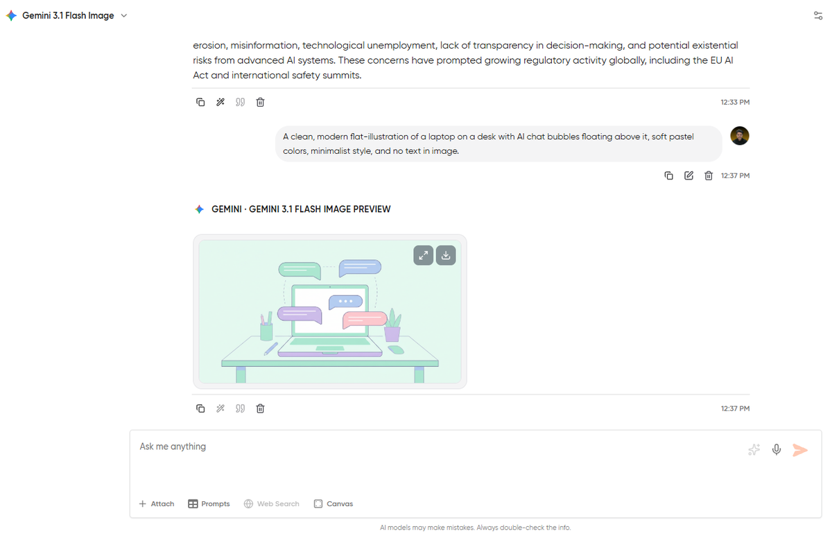 Image generation result shown inline in a Geekflare Chat thread, showing a flat illustration of a laptop with AI chat bubbles