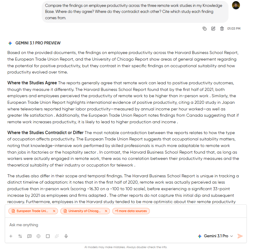Geekflare Chat cross-referencing multiple documents from the Knowledge Base and comparing findings across sources