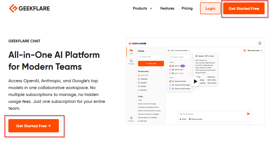 Geekflare Chat landing page with the Get Started Free button visible in the top-right corner