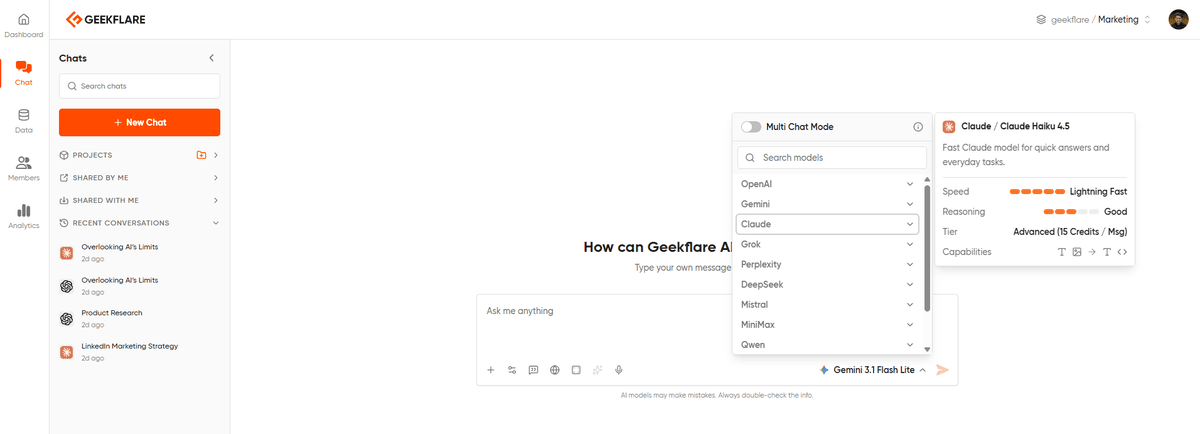 The Geekflare Chat model dropdown open on first login, showing OpenAI, Gemini, Claude, Grok, Perplexity, and other available models.