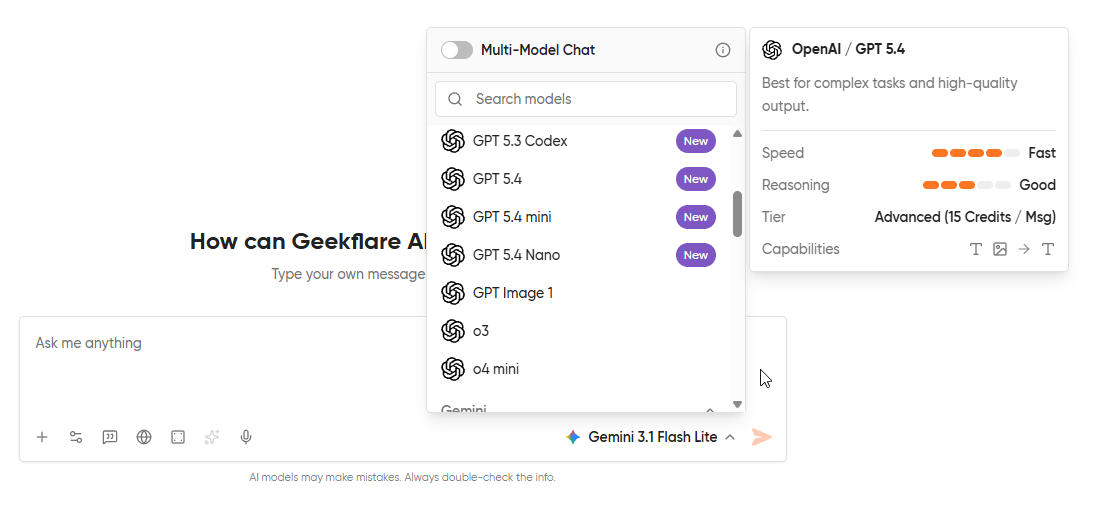 Geekflare Chat model picker dropdown showing AI models organized by credit tier with Lite, Advanced, and Ultra labels visible