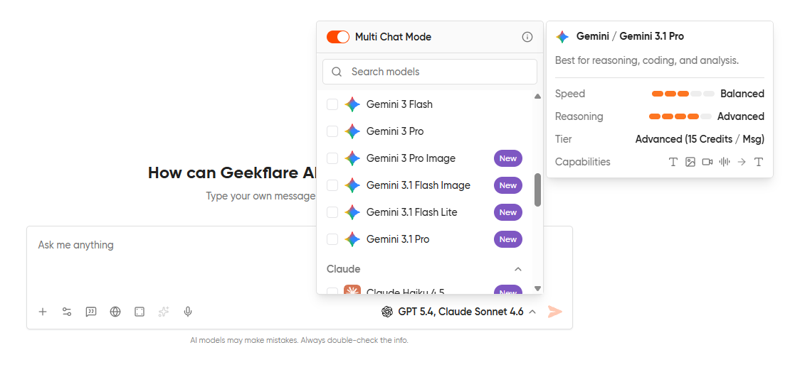 The model selection modal in Geekflare Chat showing GPT-5.4 and Claude 4.6 Sonnet selected for side-by-side comparison