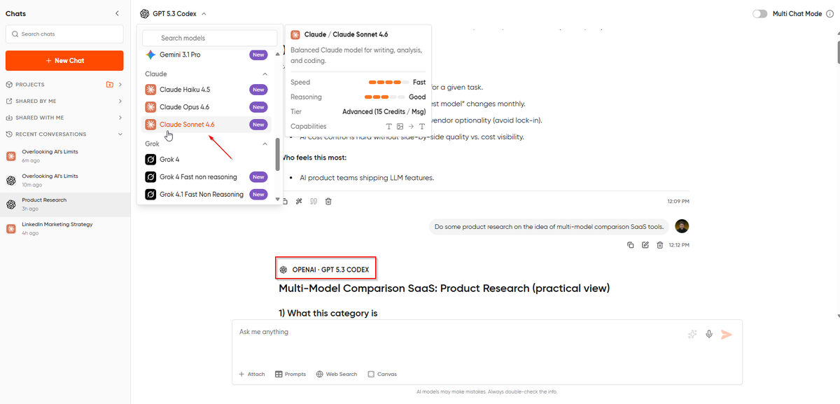 Geekflare Chat mid-conversation with the model dropdown open, showing the user about to switch from GPT-5.3 to Claude 4.6 without losing context