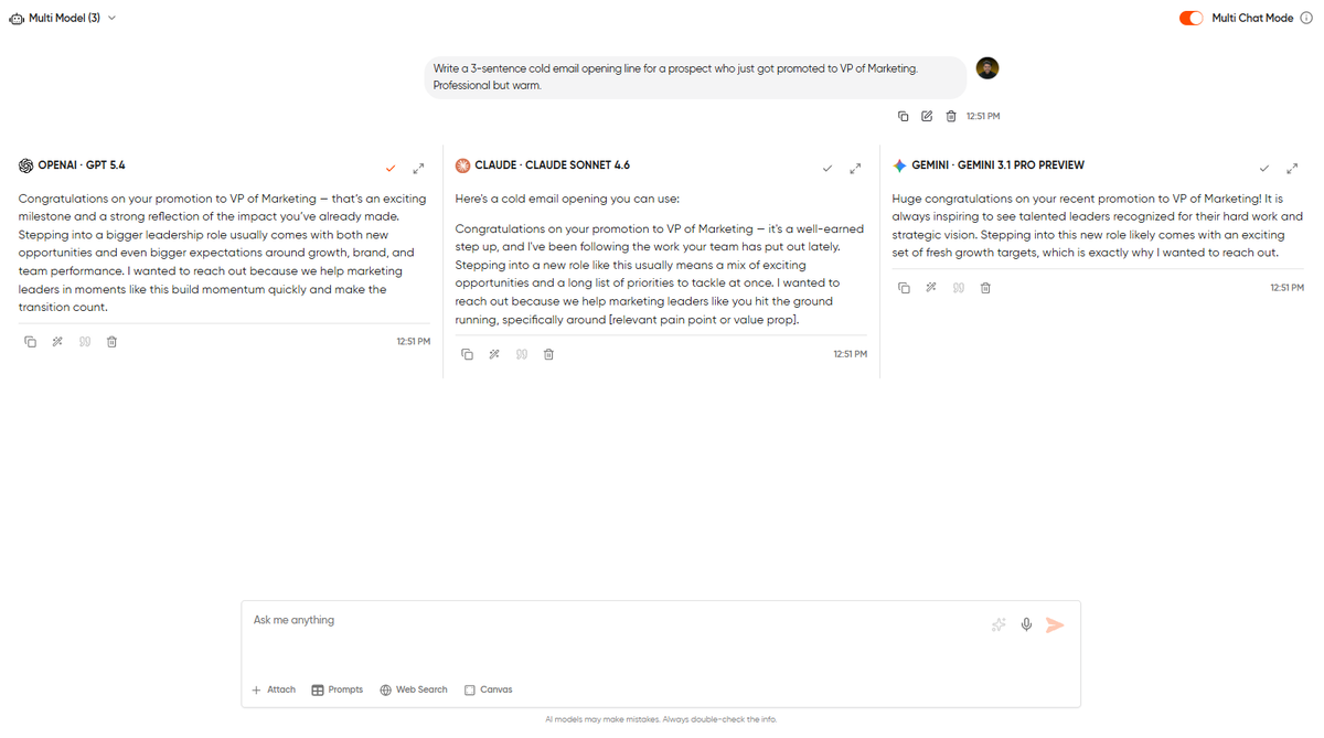 Geekflare Chat side-by-side comparison showing three models responding to a cold email opening prompt