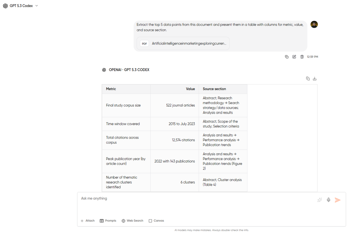 AI-extracted data table from a PDF document showing metrics, values, and the source section