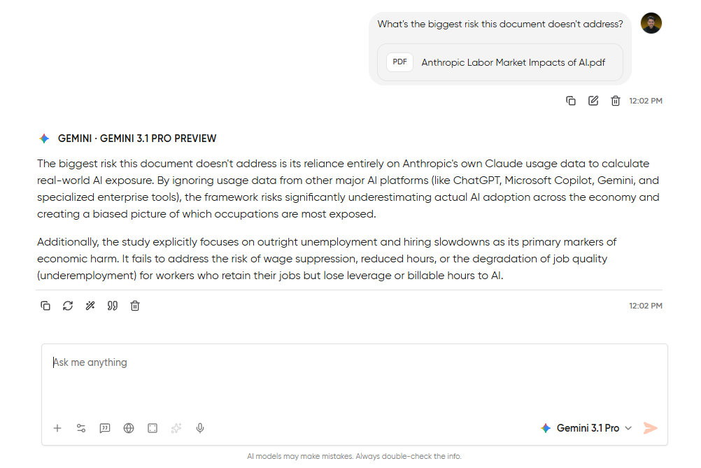 A PDF uploaded to Geekflare Chat with a specific question about the biggest risk the document doesn't address
