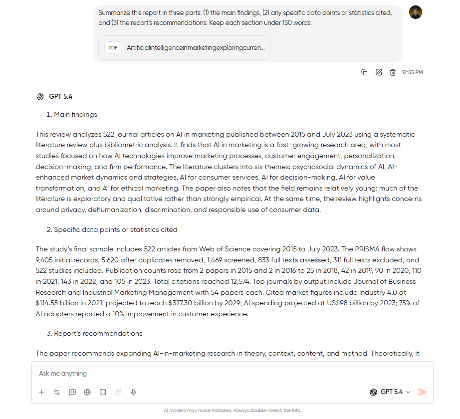 Geekflare Chat generating a structured three-part summary from an uploaded PDF report