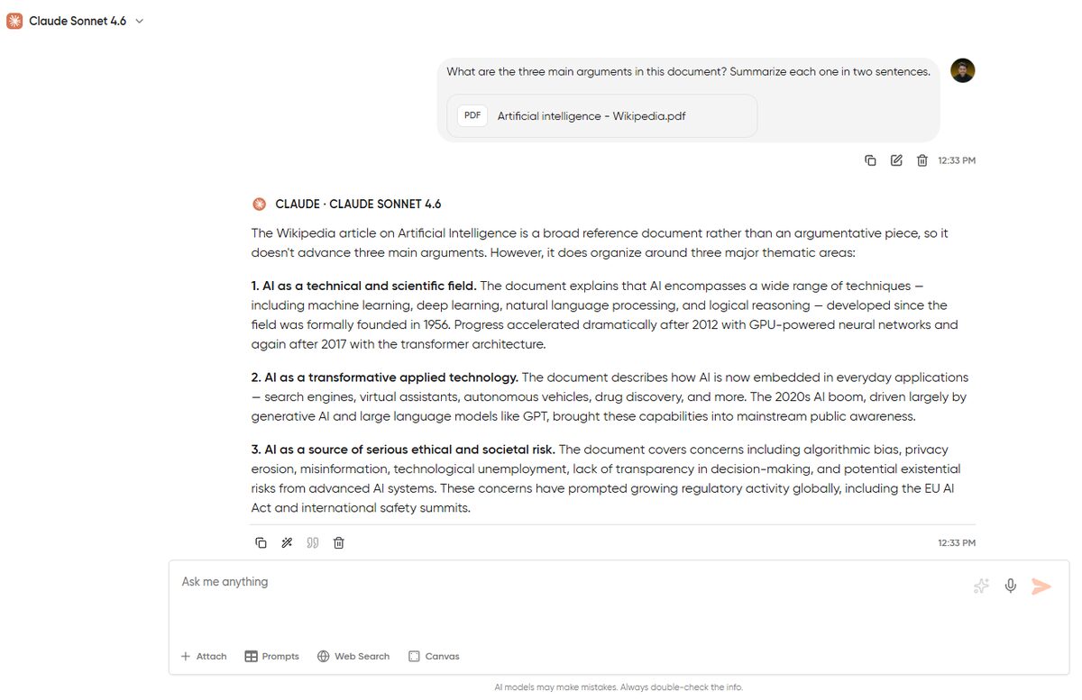 A PDF document uploaded in Geekflare Chat a question for three main argument summary and AI response visible