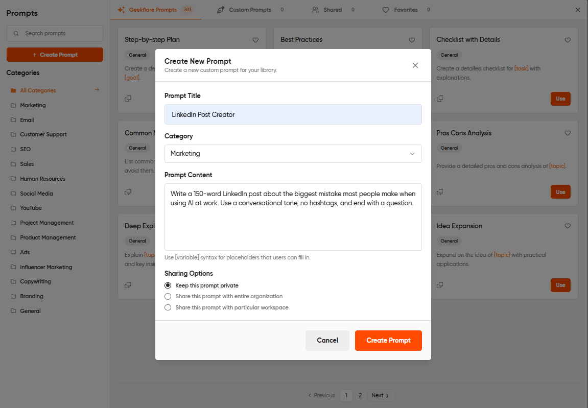 Saving a prompt to the Geekflare Chat prompt library, with the naming dialog open