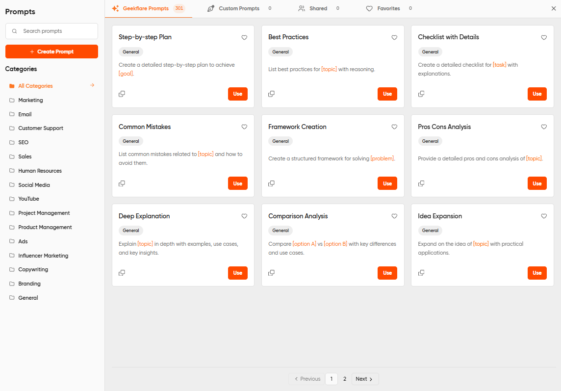 The Geekflare Chat Prompt Library interface showing saved prompts organized into Marketing, Research, and Engineering folders