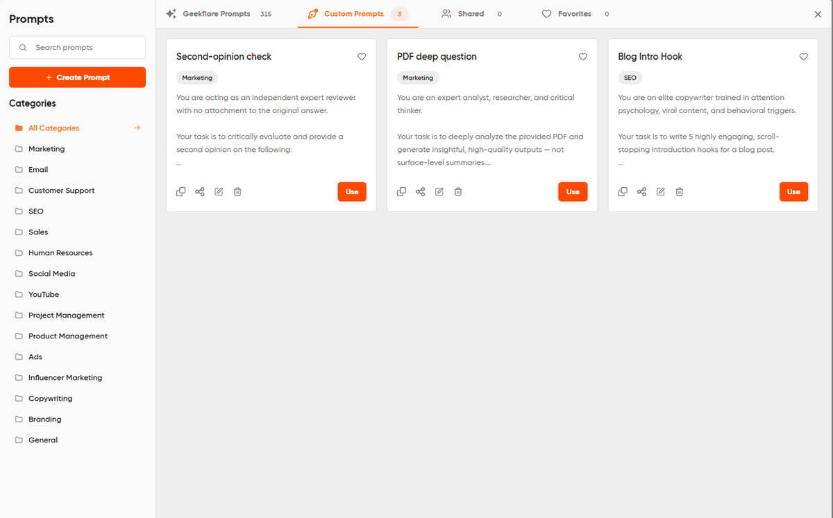 The Geekflare Chat Prompt Library showing three saved prompts: Blog intro hook, PDF deep question, and Second-opinion check