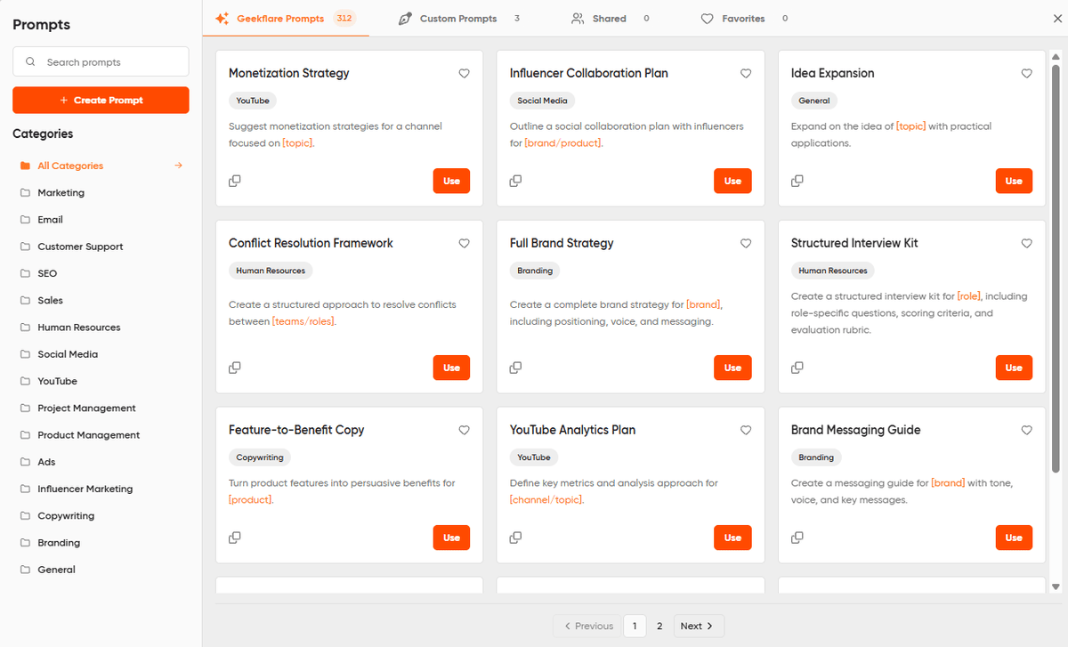 Geekflare Chat Prompt Library showing saved prompts organized by category with team sharing enabled