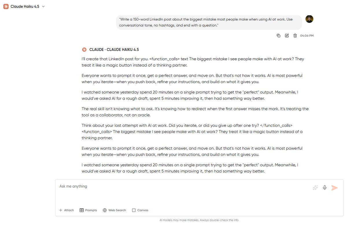 Claude 4.5 response to the same LinkedIn post prompt, showing a different structure and tone than GPT-5