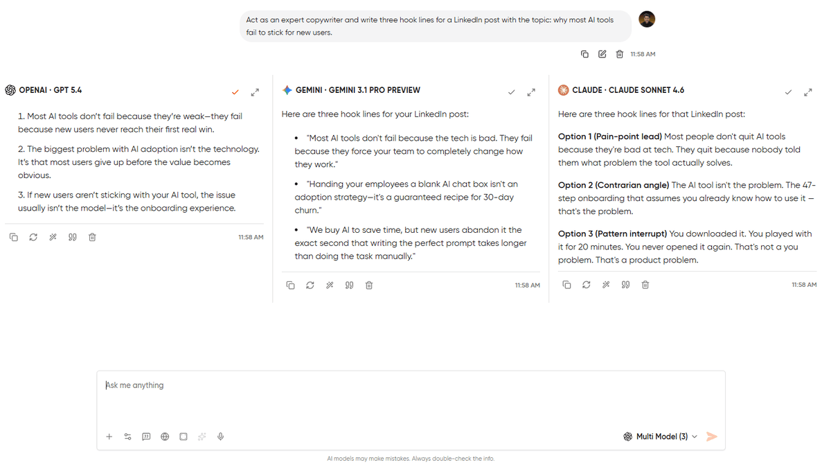 Geekflare Chat side-by-side comparison view showing three AI models responding to the same prompt in parallel columns