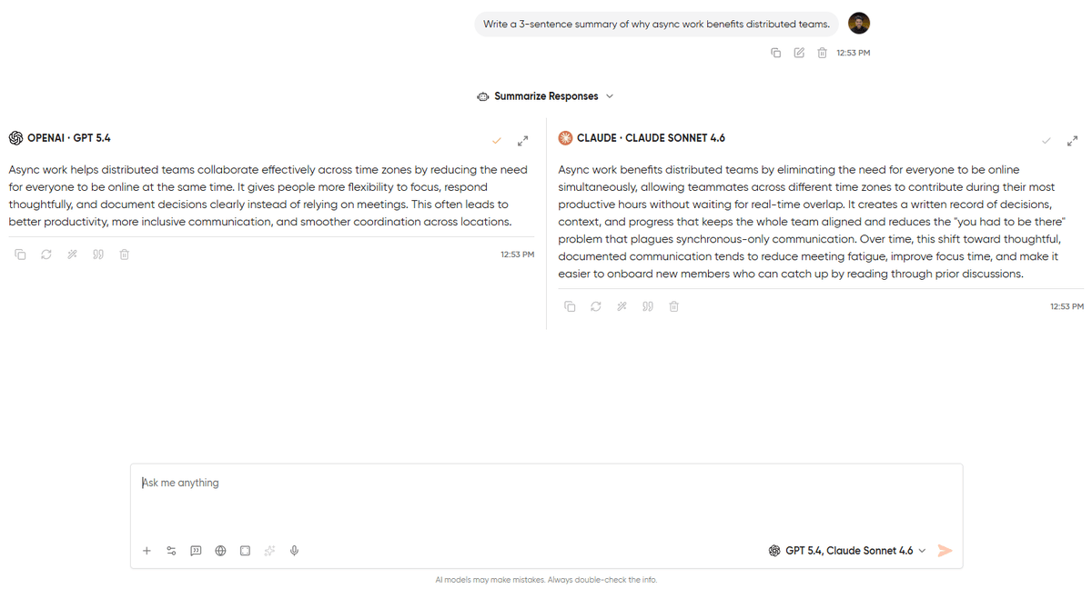 The Geekflare Chat side-by-side comparison view with GPT-5.4 and Claude 4.6 Sonnet responding to the same prompt in parallel columns
