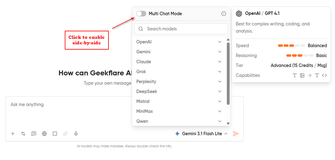 The side-by-side comparison toggle in the Geekflare Chat interface, located next to the model dropdown at the top of the chat window