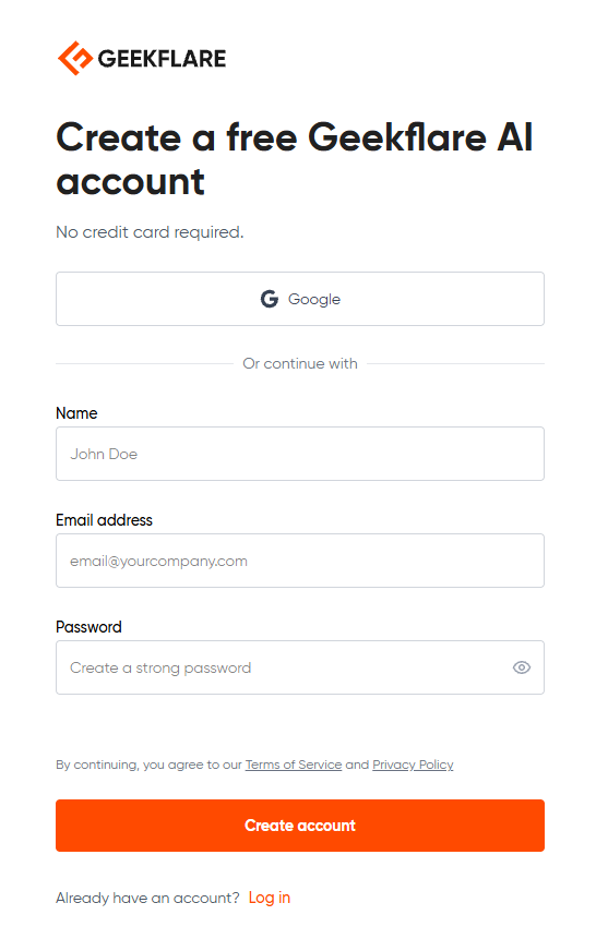 Geekflare Chat sign-up screen showing email, Google, and Microsoft sign-in options