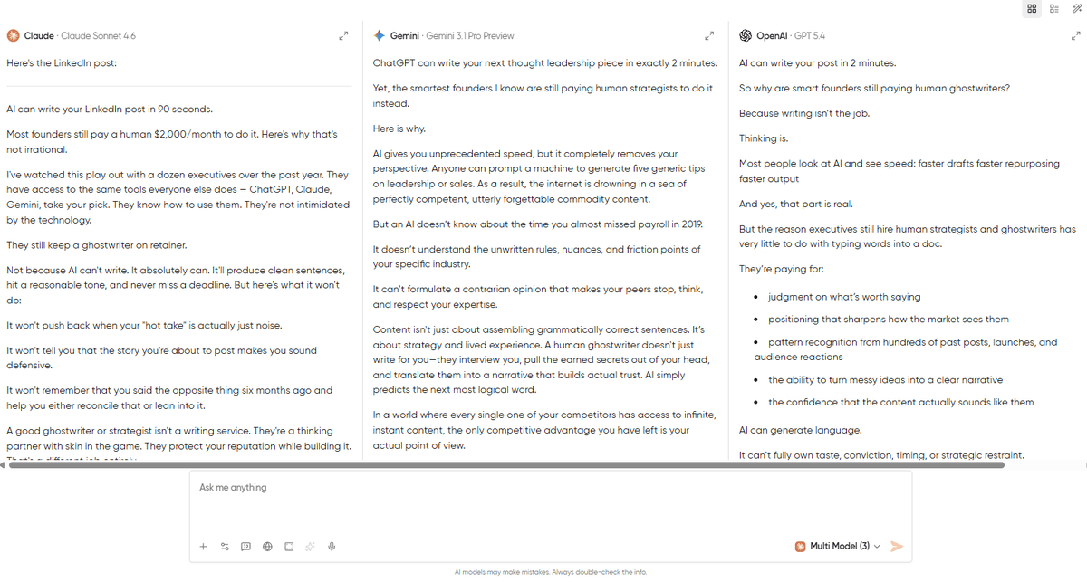 Side-by-side comparison of GPT-5.4, Claude Sonnet, and Gemini Pro outputs for a social media prompt in Geekflare Chat