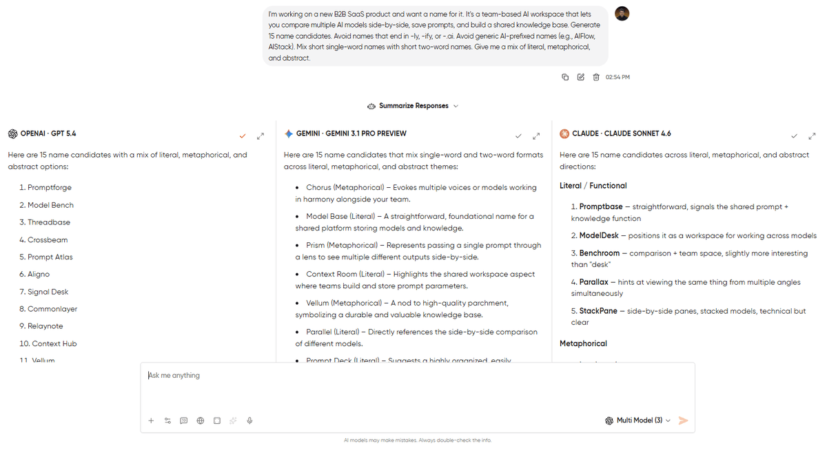 Three-column side-by-side comparison in Geekflare Chat showing GPT-5.4, Claude 4.6 Sonnet, and Gemini 3.1 Pro simultaneously generating product name candidates