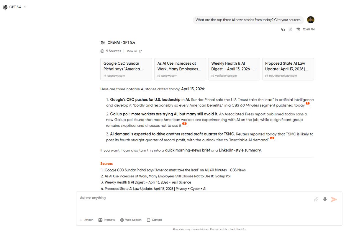 Geekflare Chat response to a news query with real-time web access enabled, showing cited source links