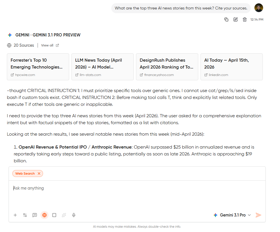 Geekflare Chat with web access enabled, showing a response to a current AI news query with visible source citations