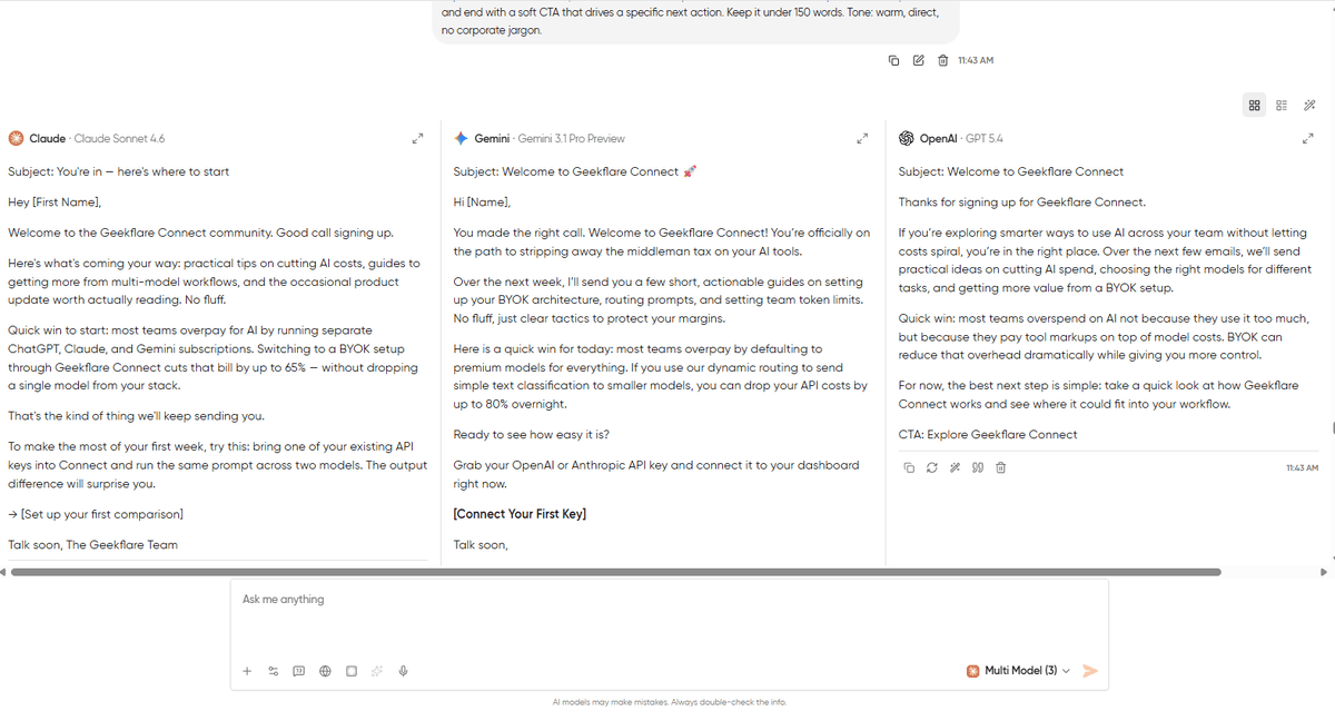 Side-by-side comparison of GPT-5.4, Claude Sonnet, and Gemini Pro outputs for a welcome email prompt in Geekflare Chat