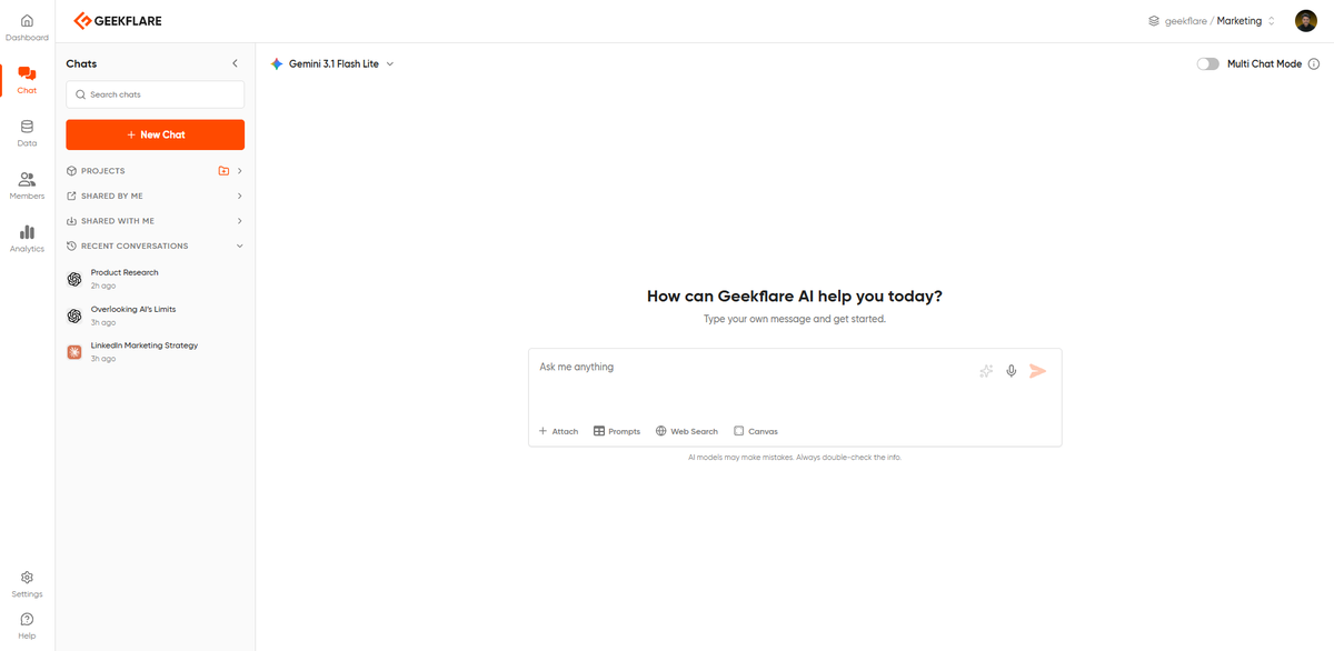 Geekflare Chat workspace on first login, showing the model selection dropdown, chat input area, and sidebar