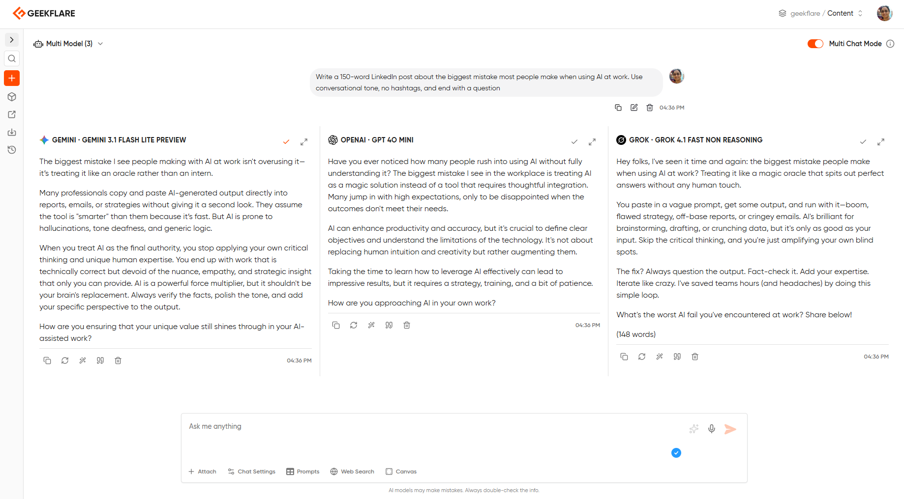 Geekflare Chat side-by-side comparison view showing GPT-4o Mini, Grok 4, and Gemini 3.1 Flash Lite responding to the same LinkedIn post prompt in parallel columns