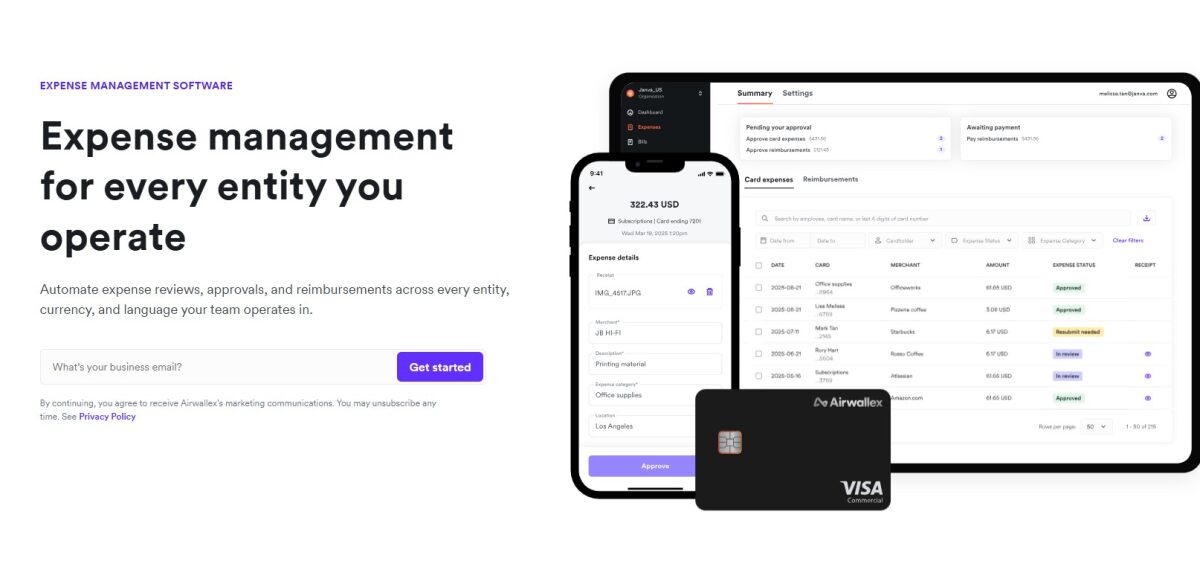 Airwallex page showing it supports mobile app and provides virtual visa card along with some texts and button to get started.