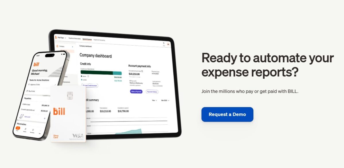 BILL's company dahsboard display in tab and mobile showing all the spend and expense details