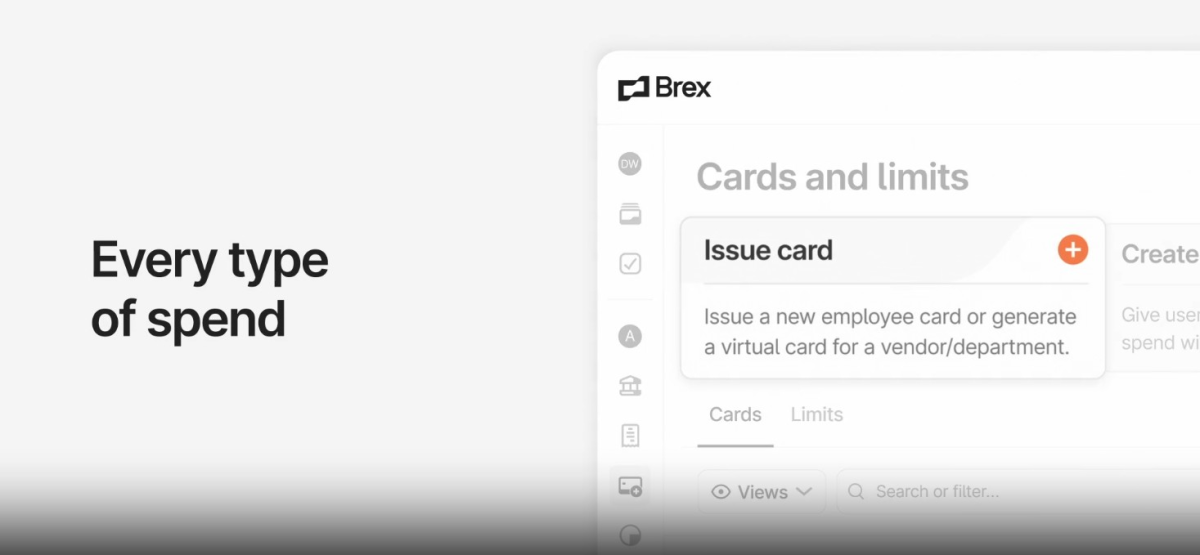 Brex's spend management plaform showing how can a company manage their cards and limits in a single window.