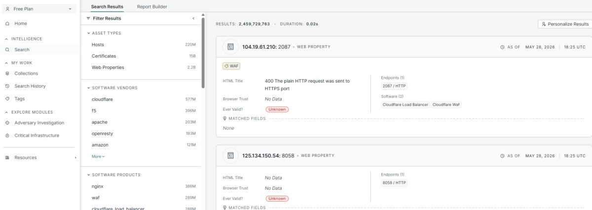Censys OSINT tool search results showing indexed hosts, web properties, and software vendor filters.