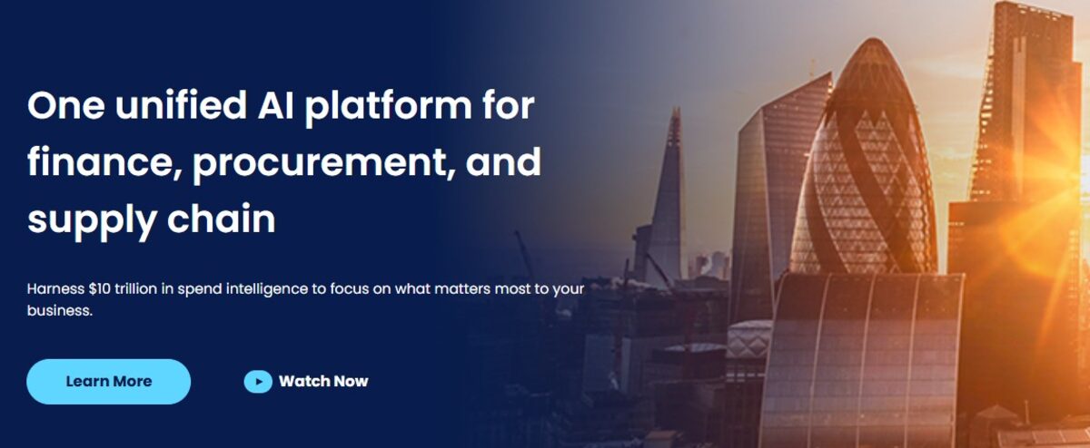Coupa's homepae describe the platform in a single sentence and some background colors abd building structures.