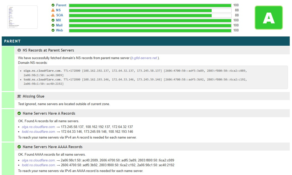 DNSInspect's dashboard showing NS records from parent servers.
