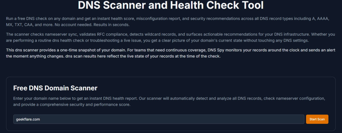 DNS Spy's front page where you can check any website's health report using its free DNS domain scanner.