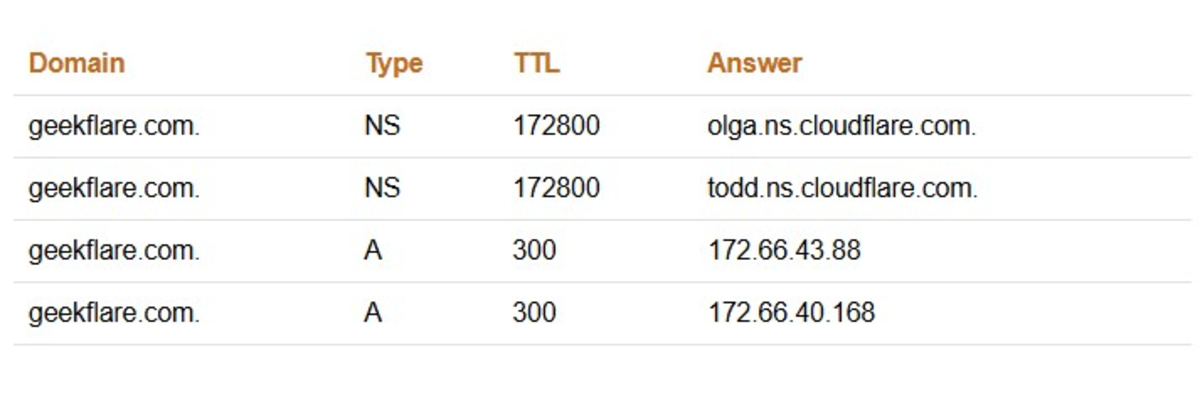 DNSWatch showing results for geekflare.com that displays type, TTL, and answer.