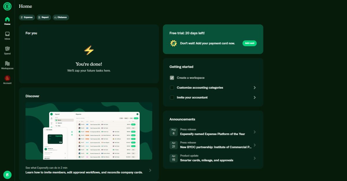 Expensify platform dashboard showing different boxes and side bar to switch between inbox, home, spend, and workspaces