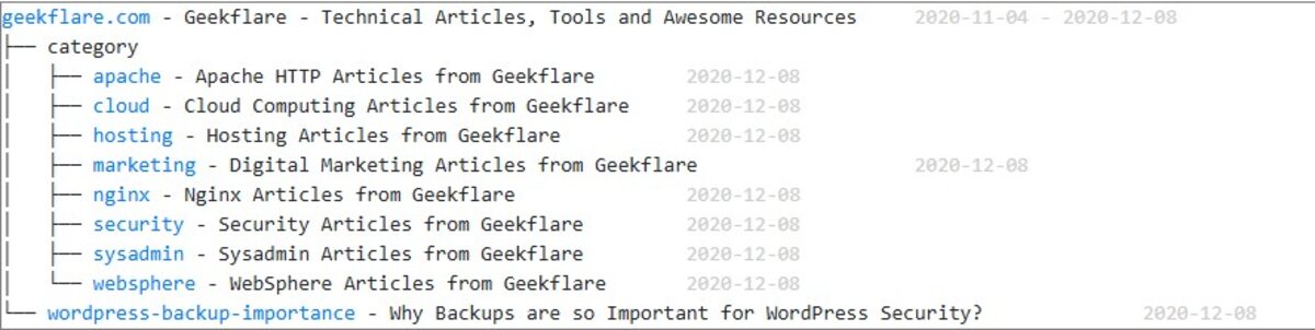Intelligence X OSINT tool showing archived sitemap data for geekflare.com with categorized links and timestamps from 2020.