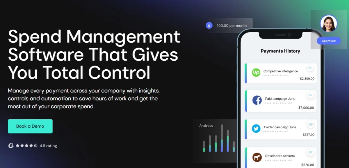 Mesh Payments' front page showing payments history in a mobile app on right and a short description on its spend management on the right.