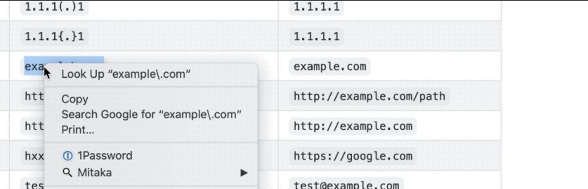 Mitaka OSINT extension context menu looking up example.com from a threat intelligence indicator table.