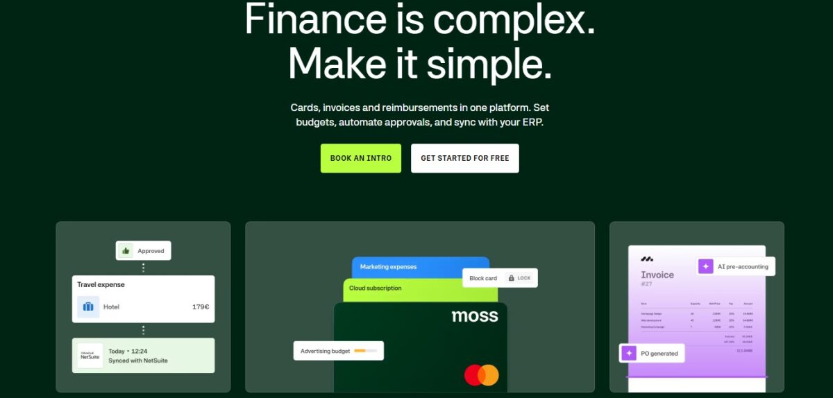 Moss's front page showing how to simplify complex finance using cards, bill payments, and reimbursements.