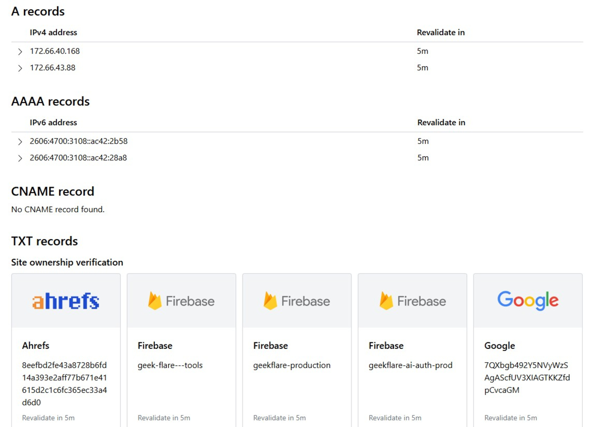 NSLookup's dashboard showing A records and AAAA records, CNAME record, and TXT records.