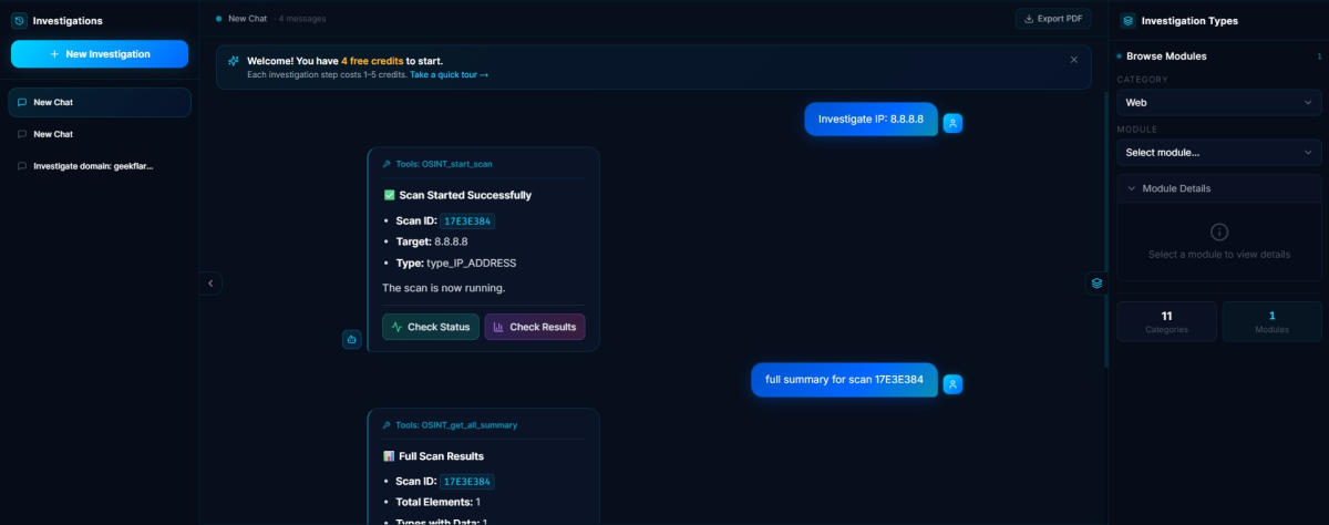 NexVision Lab investigation platform interface displaying OSINT IP address scan results with different investigation categories and module selection panel.