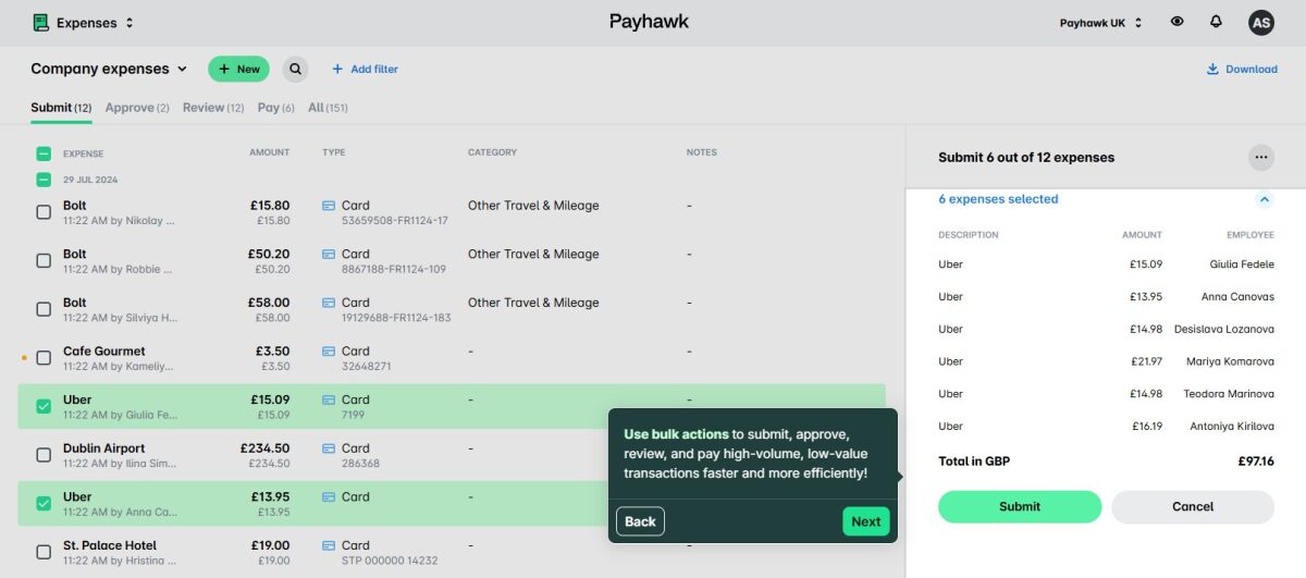 Payhawk's company expenses sheet showing how you can manage expenses and create a report.