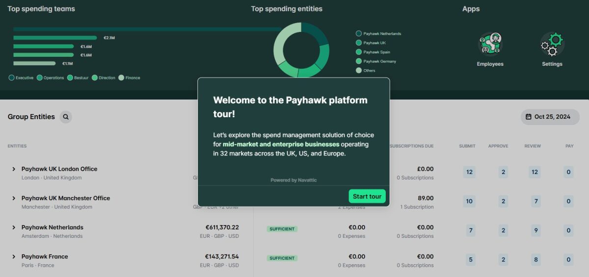 Payhawk's tour guide showing details of group entities of different countries and their limits in multiple currencies