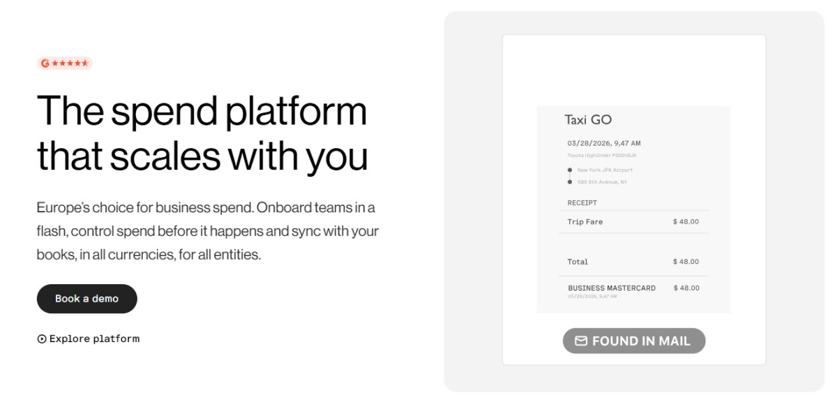 Pleo Expense Management Software showing receipt found in mail and some texts and button on the left side of the page