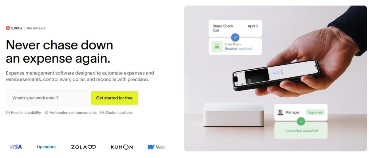 Expense management software showing image of reimbursement tracking, some texts and buttons to start for free.