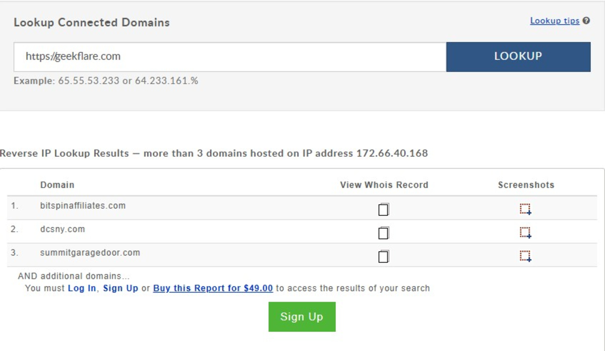 Reverse IP Lookup's dashboard showing domains that are hosted on IP address.