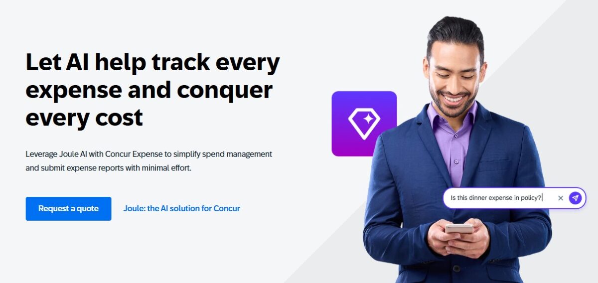 SAP Concur home page showing a man asking question to AI about the expenses.
