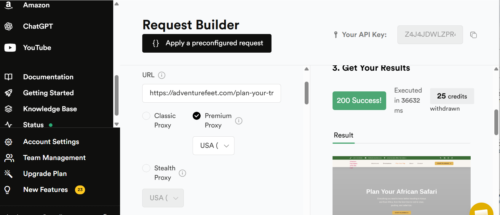 Scrapingbee dashboard